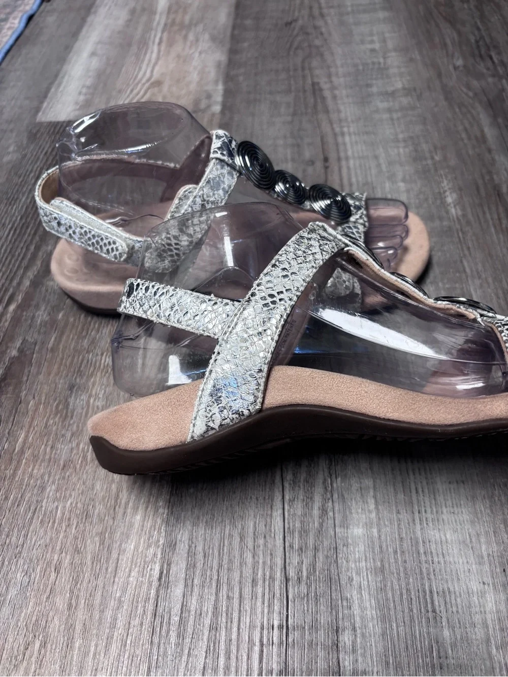Vionic Farrah Metallic Snake Print T-Strap Sandals with Silver Spiral Accents